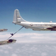 Boeing KC-97L Stratofreighter of the Missouri Air National Guard refuels two US Air Force Vought A-7D Corsair IIs of the 23rd Tactical Fighter Wing. Note the nose-up attitude of the Corsairs as they slow to keep pace with the tanker. (US Air Force)